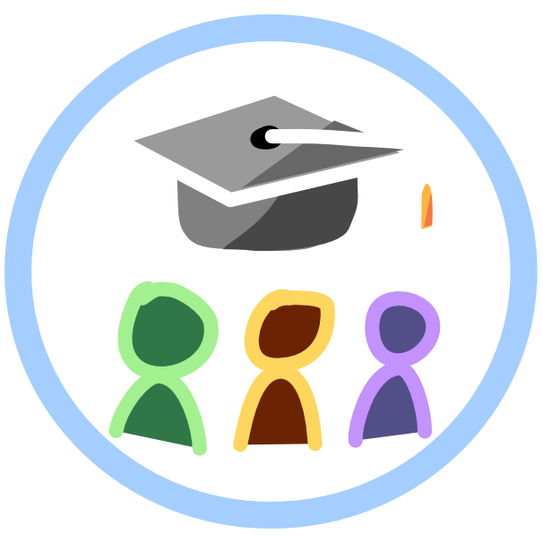  a light blue circle surrounding 3 people on the bottom, from left to right darker green skin and lighter green outlines, brown skin and yellow outlines, purple skin and lighter purple outlines. Above those is a grey graduation cap with white outline